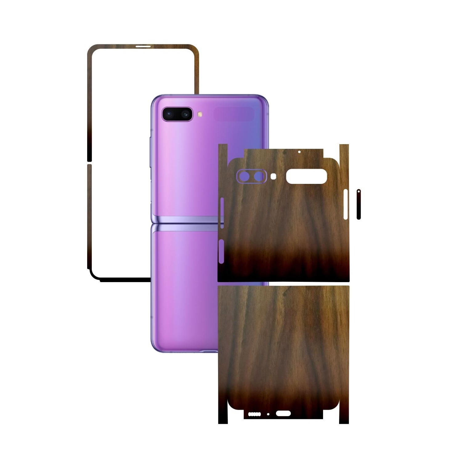 Folie Protectie Carbon Skinz pentru Samsung Galaxy Z Flip - Lemn Nuc 360 Cut, Skin Adeziv Full Body Cover pentru Rama Ecran, Carcasa Spate si Laterale