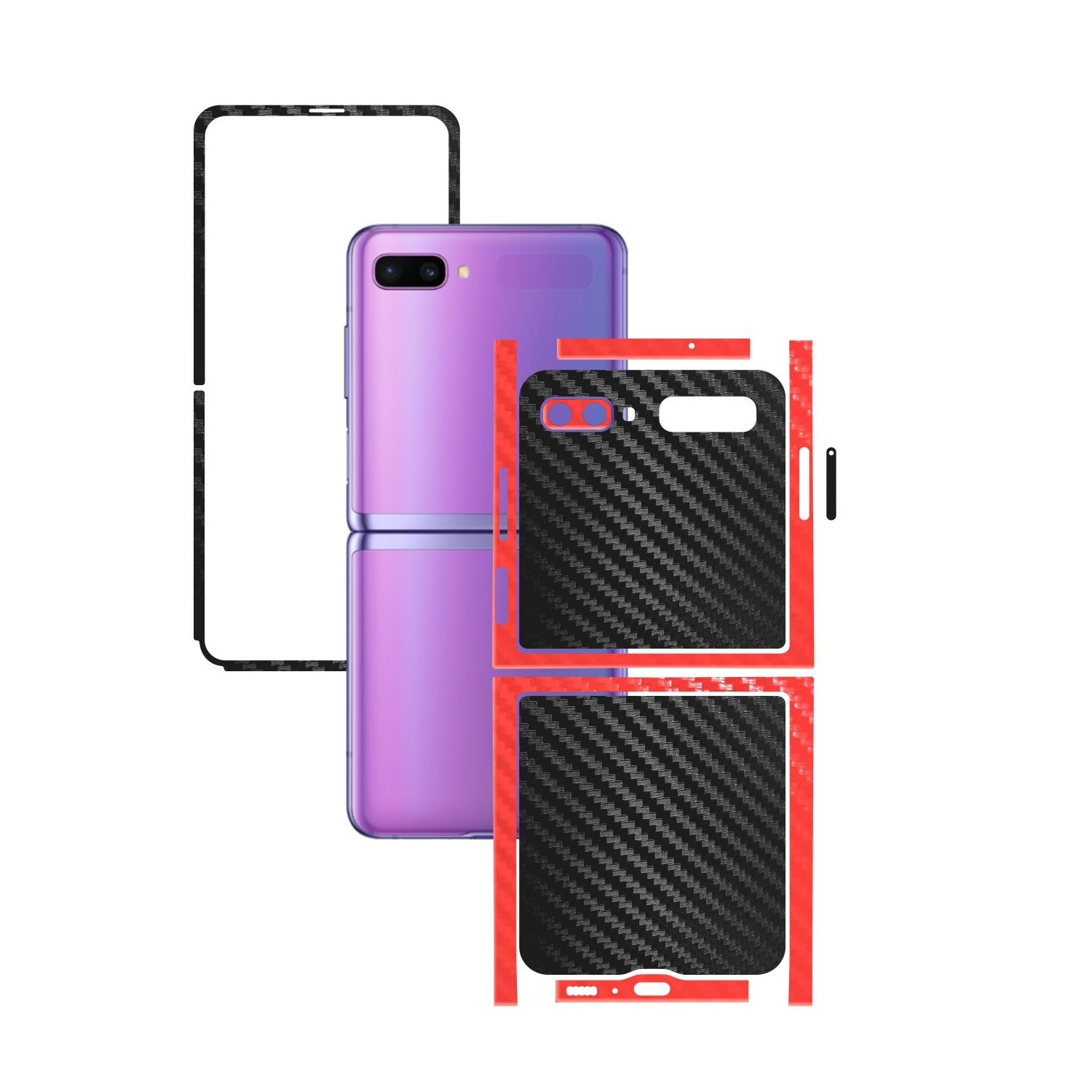 Folie Protectie Carbon Skinz pentru Samsung Galaxy Z Flip - Carbon Two Tone Negru / Rosu, Skin Adeziv Full Body Cover pentru Rama Ecran, Carcasa Spate si Laterale
