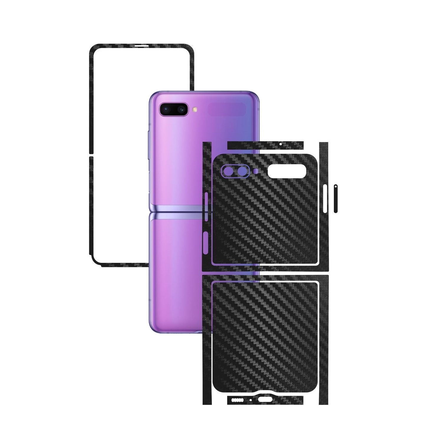 Folie Protectie Carbon Skinz pentru Samsung Galaxy Z Flip - Carbon Negru Split Cut, Skin Adeziv Full Body Cover pentru Rama Ecran, Carcasa Spate si Laterale