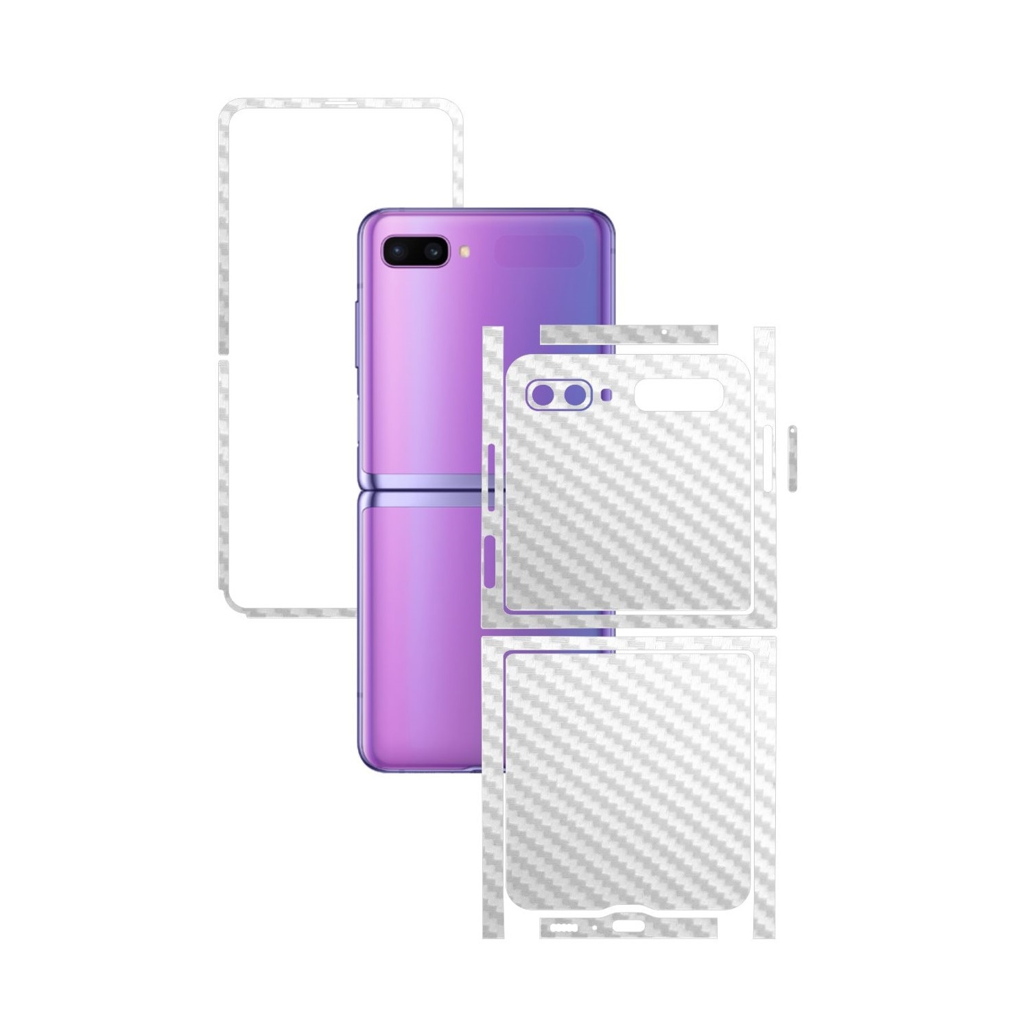 Folie Protectie Carbon Skinz pentru Samsung Galaxy Z Flip - Carbon Alb Split Cut, Skin Adeziv Full Body Cover pentru Rama Ecran, Carcasa Spate si Laterale
