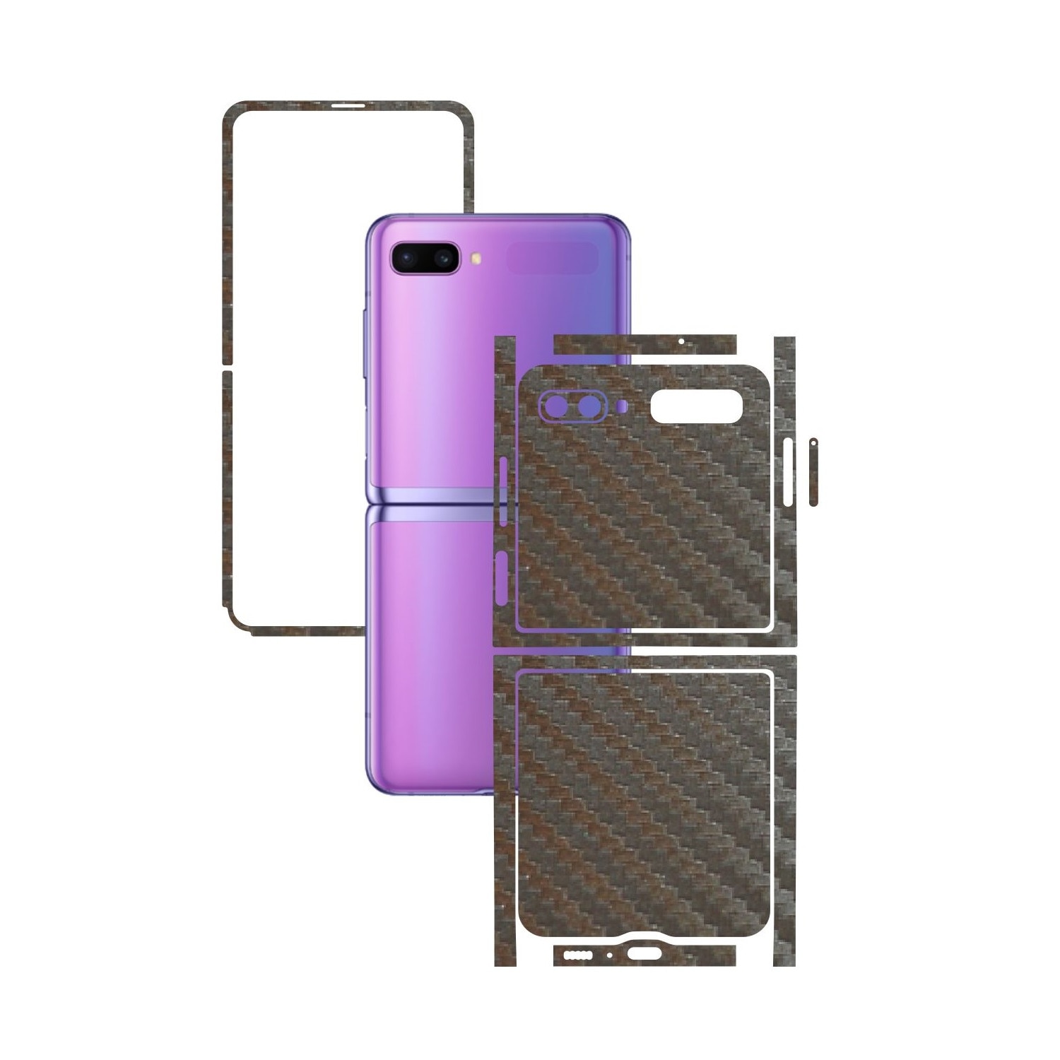 Folie Protectie Carbon Skinz pentru Samsung Galaxy Z Flip - Carbon Gri Argintiu Split Cut, Skin Adeziv Full Body Cover pentru Rama Ecran, Carcasa Spate si Laterale