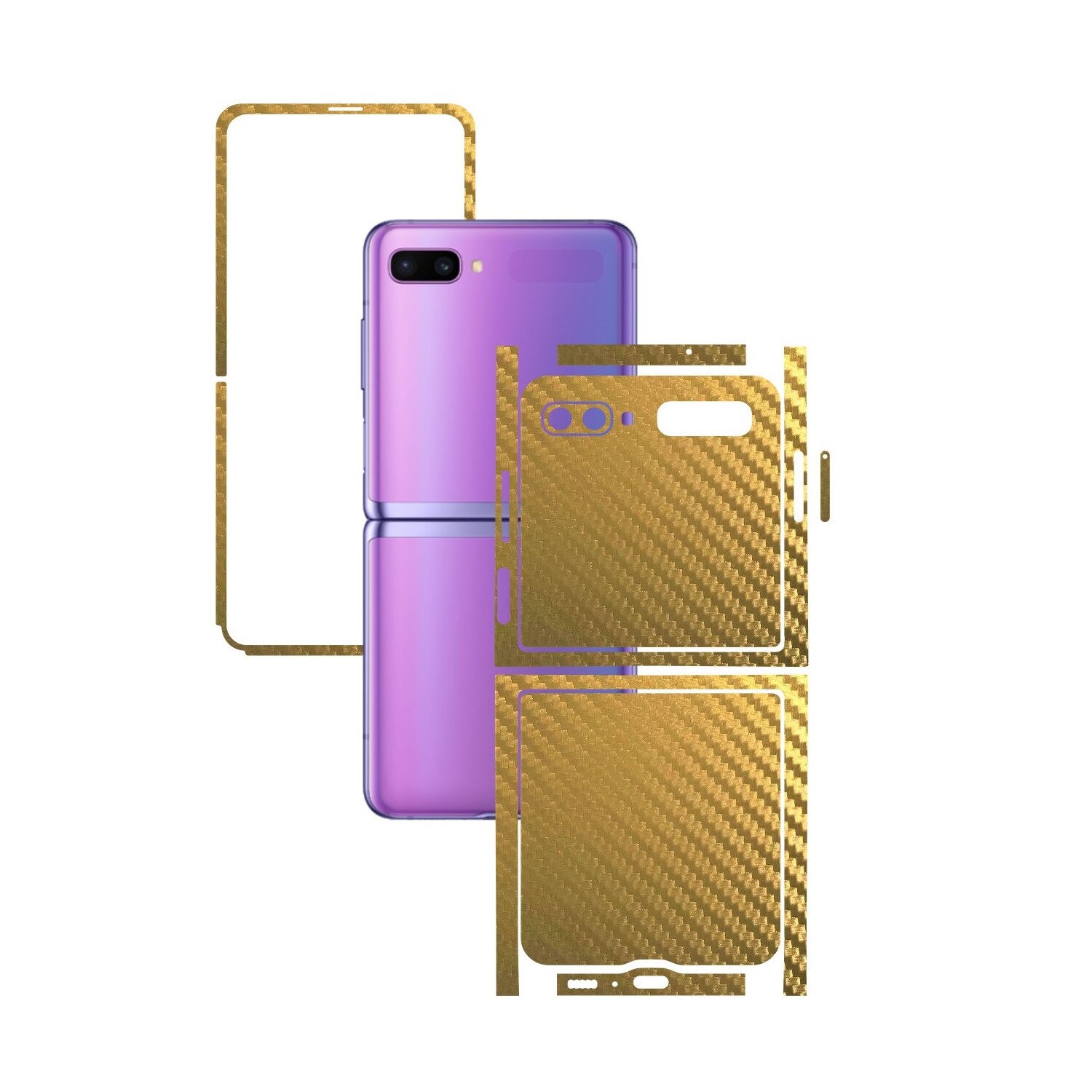 Folie Protectie Carbon Skinz pentru Samsung Galaxy Z Flip - Carbon Auriu Split Cut, Skin Adeziv Full Body Cover pentru Rama Ecran, Carcasa Spate si Laterale
