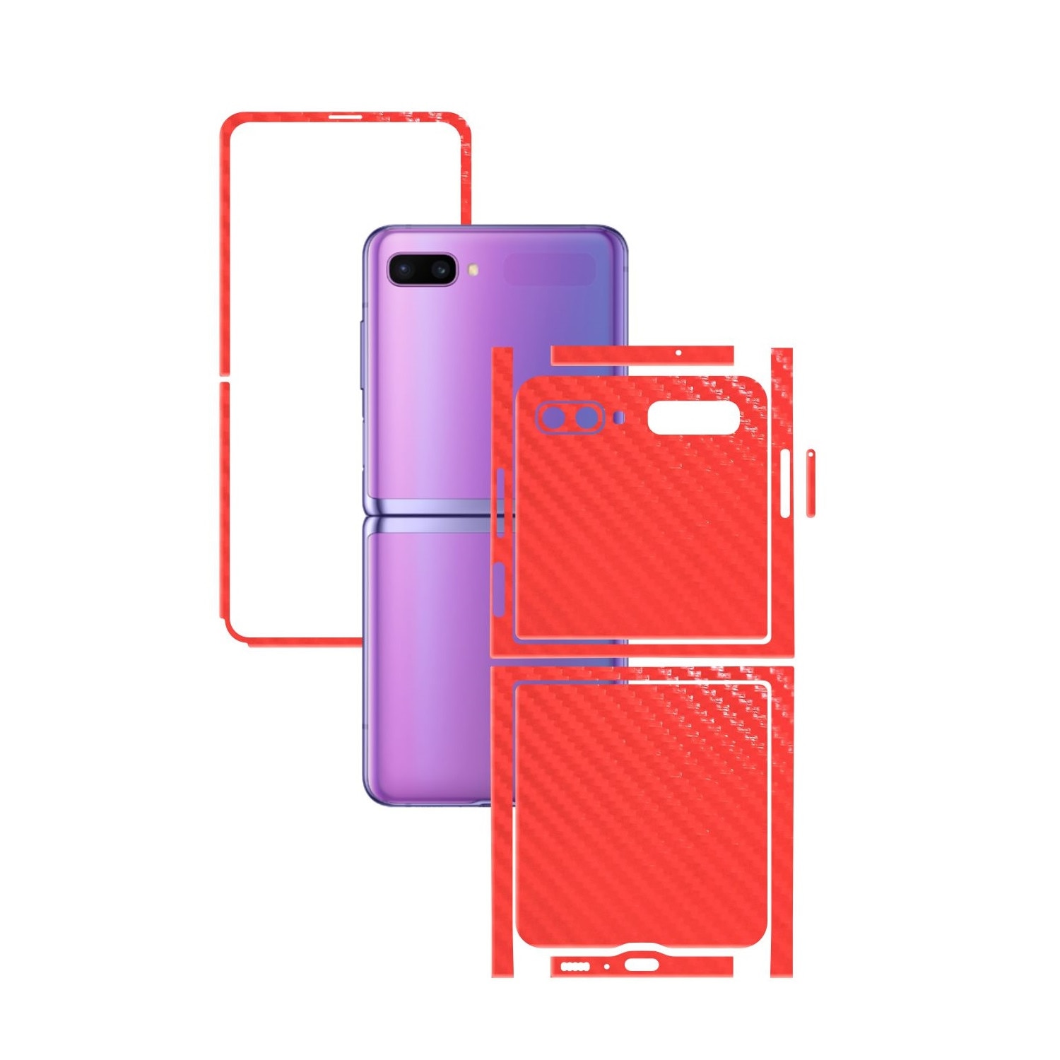 Folie Protectie Carbon Skinz pentru Samsung Galaxy Z Flip - Carbon Rosu Split Cut, Skin Adeziv Full Body Cover pentru Rama Ecran, Carcasa Spate si Laterale