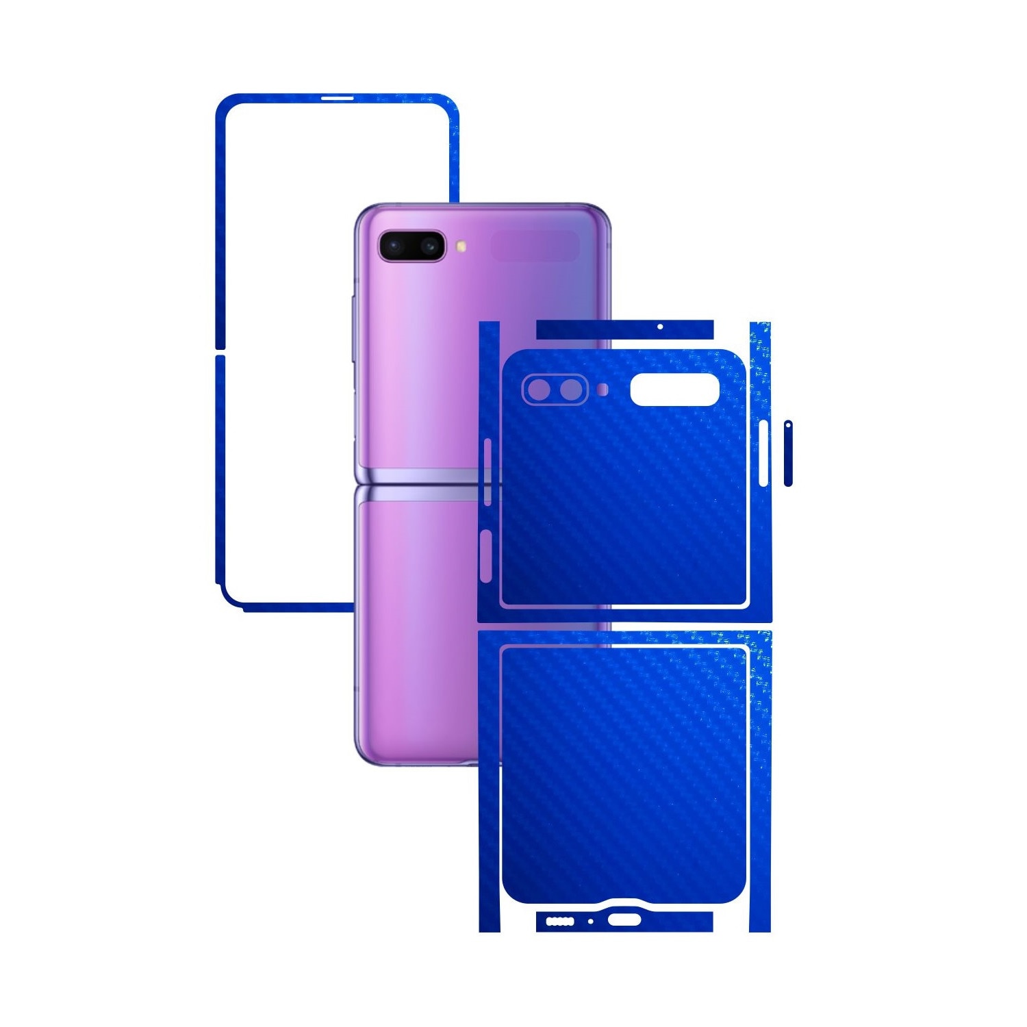 Folie Protectie Carbon Skinz pentru Samsung Galaxy Z Flip - Carbon Albastru Split Cut, Skin Adeziv Full Body Cover pentru Rama Ecran, Carcasa Spate si Laterale