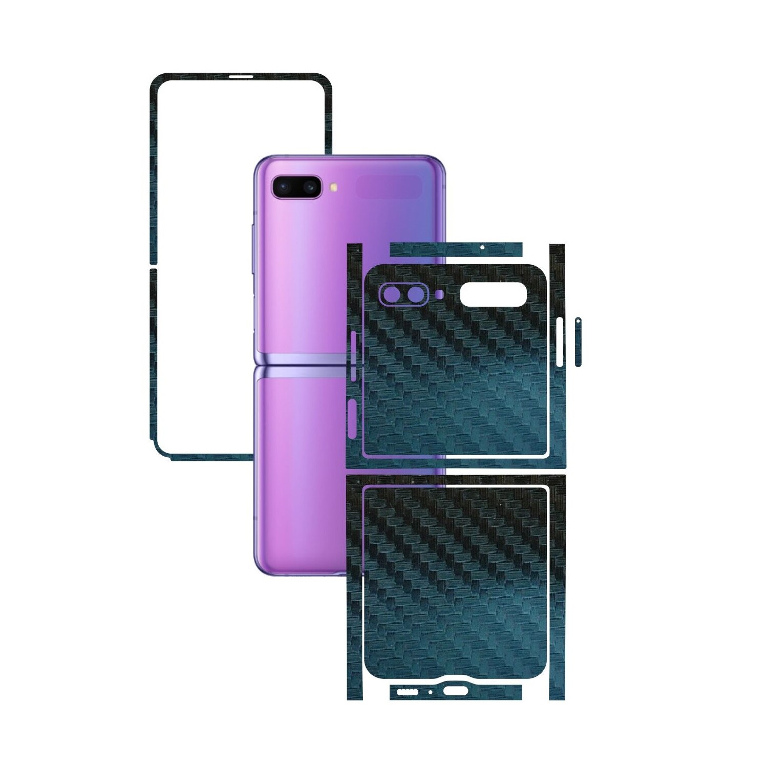 Folie Protectie Carbon Skinz pentru Samsung Galaxy Z Flip - Carbon Cameleon Split Cut, Skin Adeziv Full Body Cover pentru Rama Ecran, Carcasa Spate si Laterale