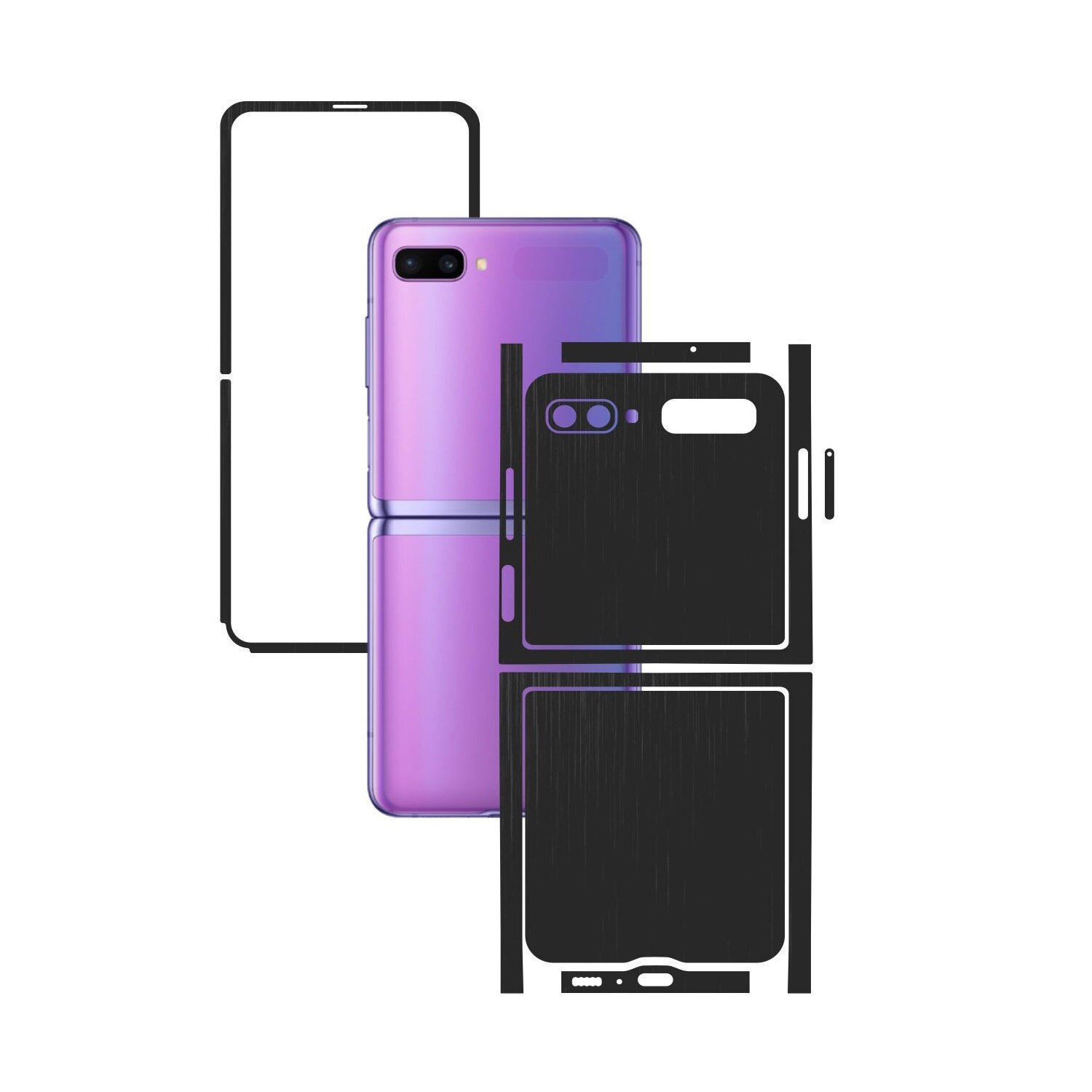Folie Protectie Carbon Skinz pentru Samsung Galaxy Z Flip - Brushed Negru Split Cut, Skin Adeziv Full Body Cover pentru Rama Ecran, Carcasa Spate si Laterale