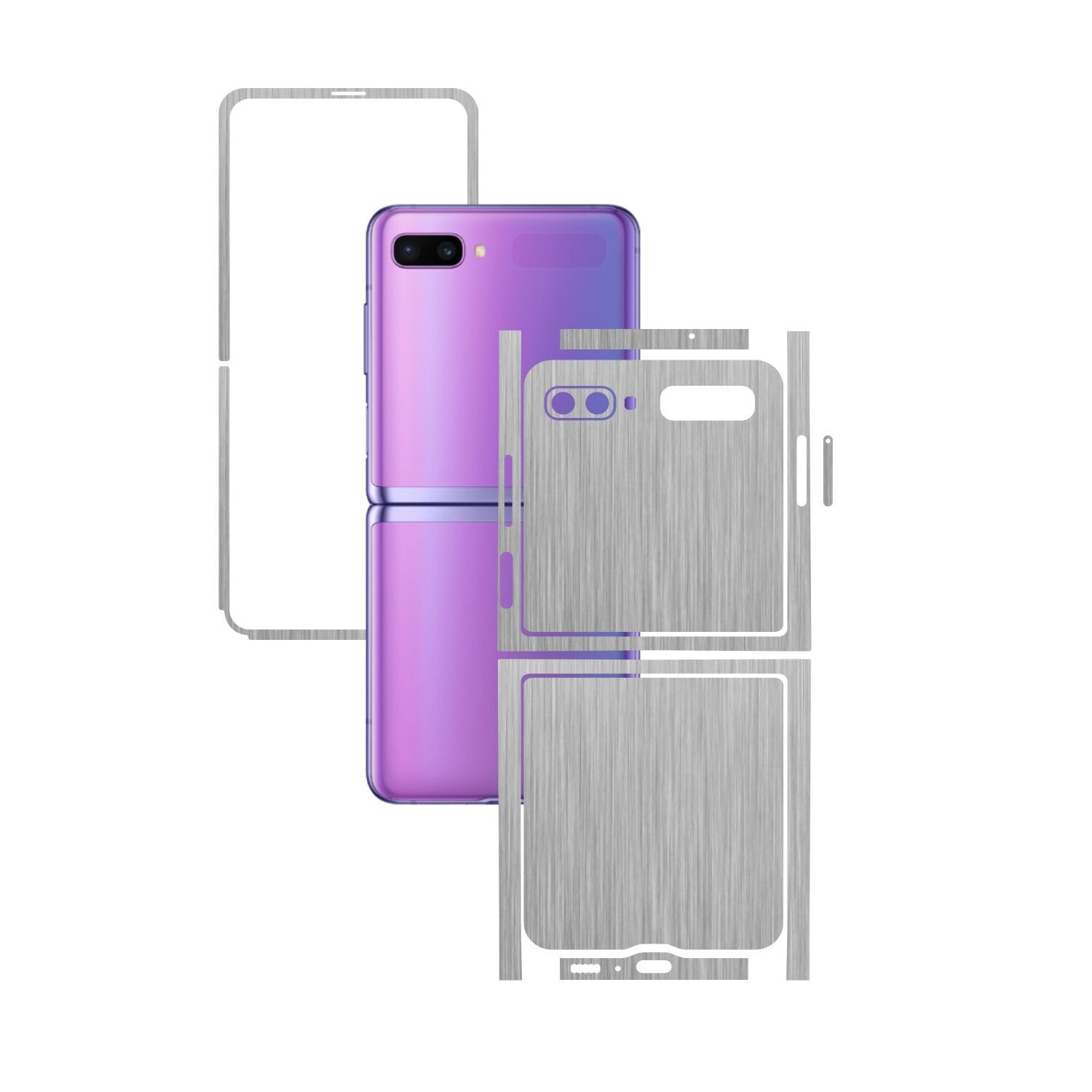 Folie Protectie Carbon Skinz pentru Samsung Galaxy Z Flip - Brushed Argintiu Split Cut, Skin Adeziv Full Body Cover pentru Rama Ecran, Carcasa Spate si Laterale