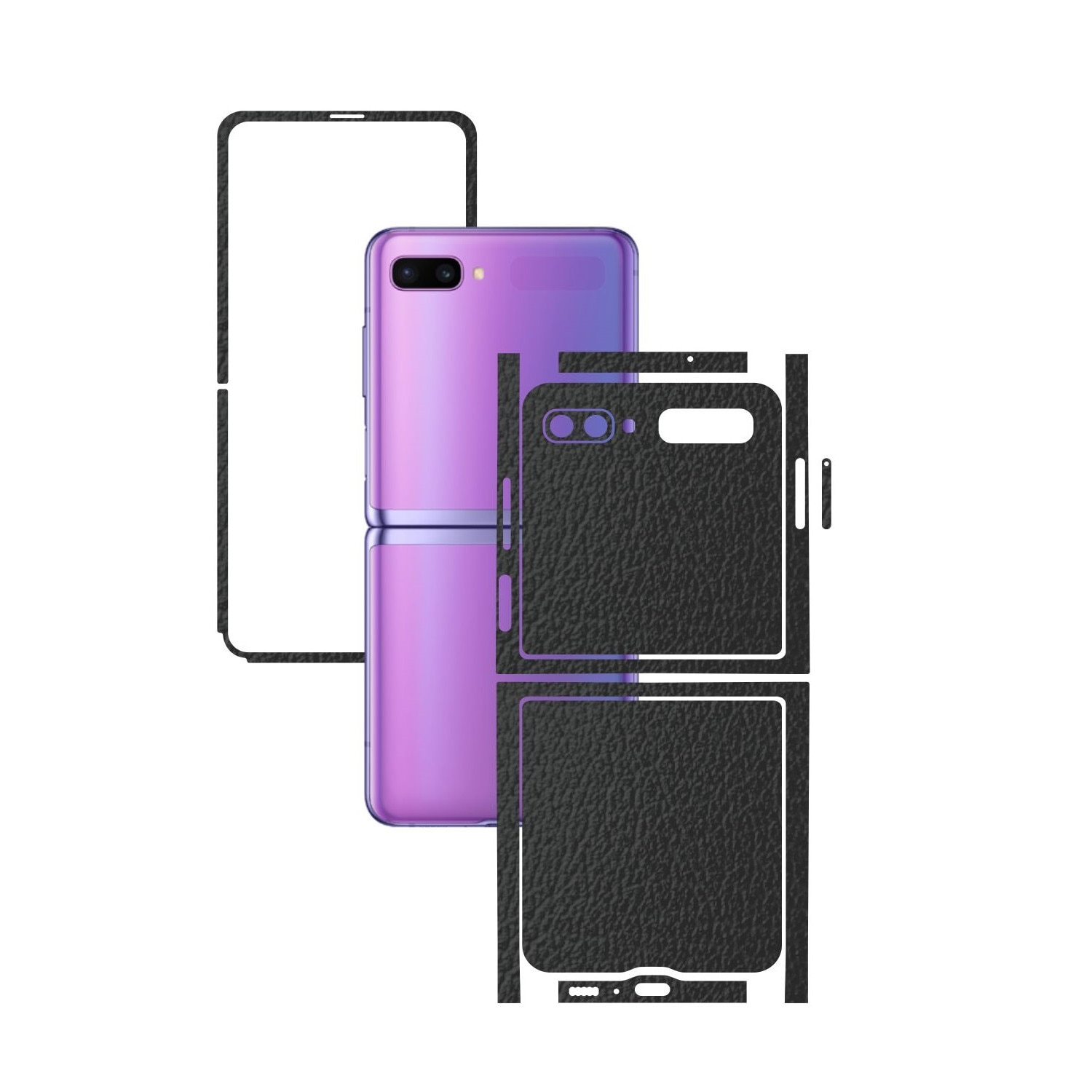 Folie Protectie Carbon Skinz pentru Samsung Galaxy Z Flip - Piele Neagra Split Cut, Skin Adeziv Full Body Cover pentru Rama Ecran, Carcasa Spate si Laterale