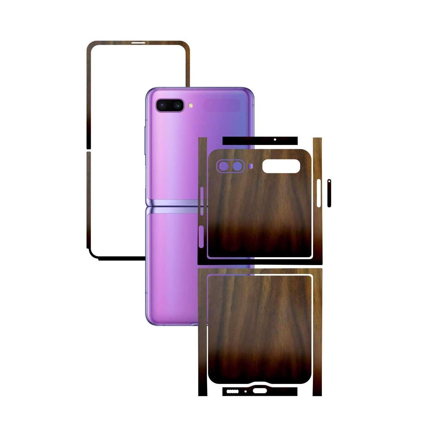 Folie Protectie Carbon Skinz pentru Samsung Galaxy Z Flip - Lemn Nuc Split Cut, Skin Adeziv Full Body Cover pentru Rama Ecran, Carcasa Spate si Laterale