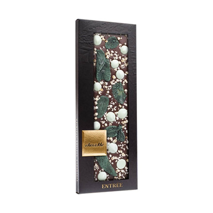 Tableta de ciocolata artizanala chocoMe neagra cu menta, picaturi de ciocolata cu aroma de lime, coaja de lamaie 110g