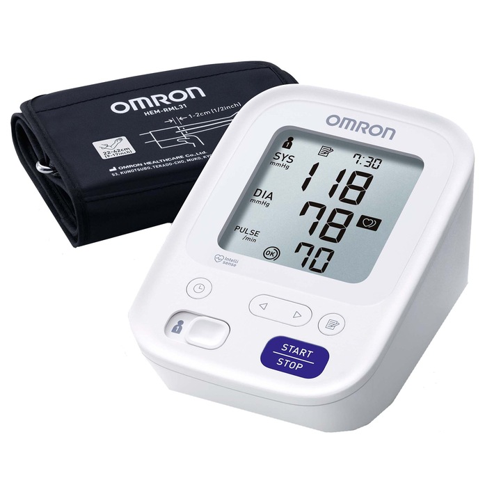 OMRON M3 2020 Felkaros vérnyomásmérő, Intellisense technológia, hálózati adapter, Fehér