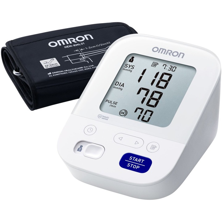 Апарат за измерване на кръвно налягане OMRON M3, Технология Intellisense, AC адаптер Omron, Бял