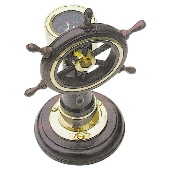 Busola Sea Club din lemn, suport din lemn cu timona, H 15cm