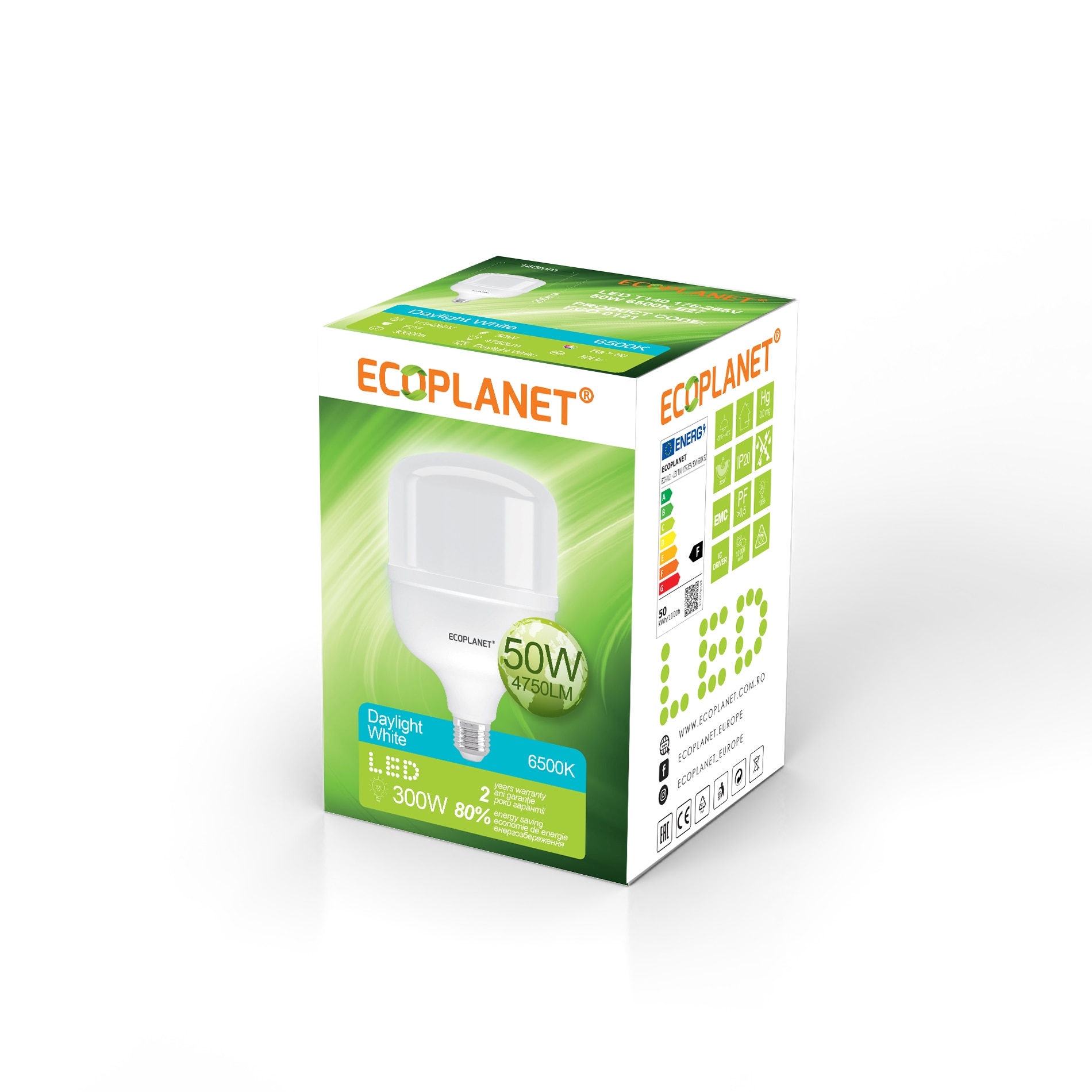 Bec LED Ecoplanet T140 forma cilindrica, E27, 50W (300W), 4750 LM, F, lumina rece 6500K, Mat