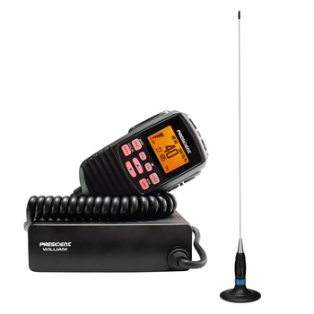 Pachet statie radio CB President William ASC, alimentare 12V, Vox, coduri CTCSS si DCS + Antena CB President Montana 87 cm, 50 Ohm, cu baza magnetica 120 mm si cablu inclus Pachet statie radio CB President William ASC, alimentare 12V, Vox, coduri CTCSS si DCS + Antena CB President Montana 87 cm, 50 Ohm, cu baza magnetica 120 mm si cablu inclus