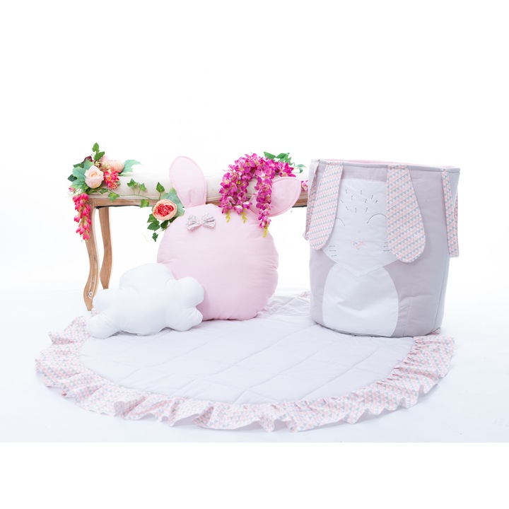 Set covoras de joaca, Cos depozitare jucarii, 2 pernute decor, 4 piese, Model Iepuras roz