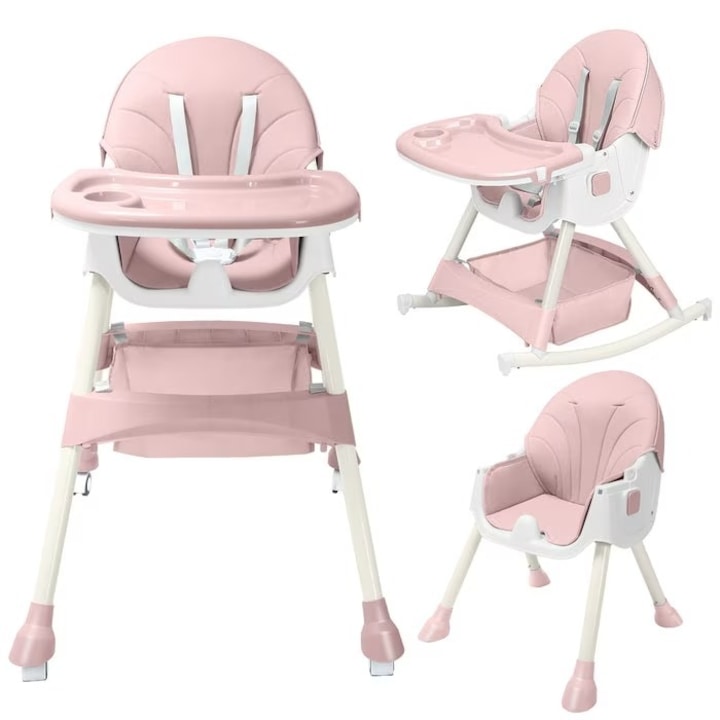 Стол маса 2в1 KinderVIBE™, 6-36 месеца, многофункционален и стабилен, подвижна и миеща се тава и покривало, 5-точков предпазен колан, регулируема по височина, устойчив на мръсотия, неплъзгащи се крачета, модерен дизайн, розов