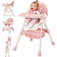 Scaun de Masa Pliabil 4in1 KinderVibe™ 6 Luni +, Multifunctional si Stabil, Tavita si Husa Detasabile si Lavabile, Roti, Centura de Siguranta 5 Puncte, Ajustabil pe Inaltime, Balansoar, Cos de Depozitare, Roz