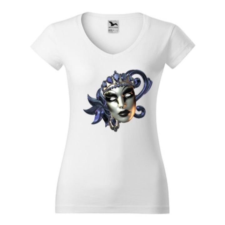 Tricou Femei, Guler V, personalizat "Grey Venetian Mask", 100%Bumbac, Alb, S