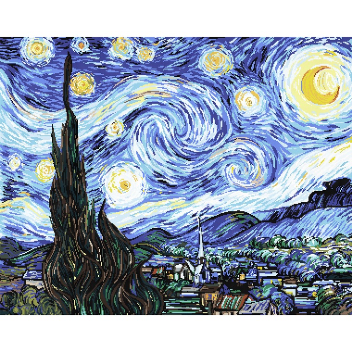 Goblen Starry night (noapte instelata) , Hudemas , kit goblen imprimat pe panza , cu fire mouline