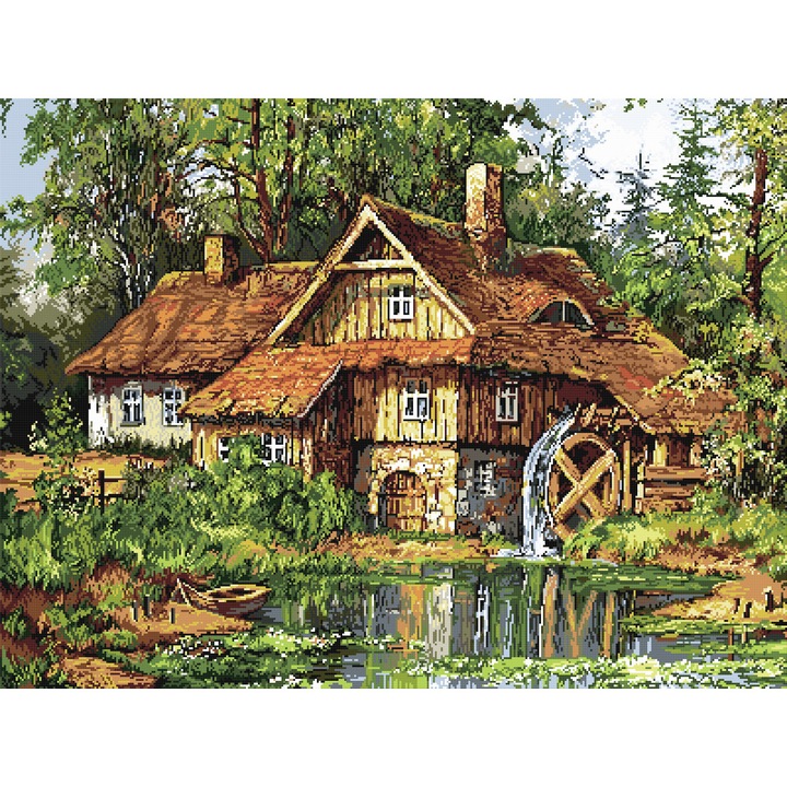 Goblen Moara de apa vara , Hudemas , kit goblen cu diagrama alb negru , cu fire mouline