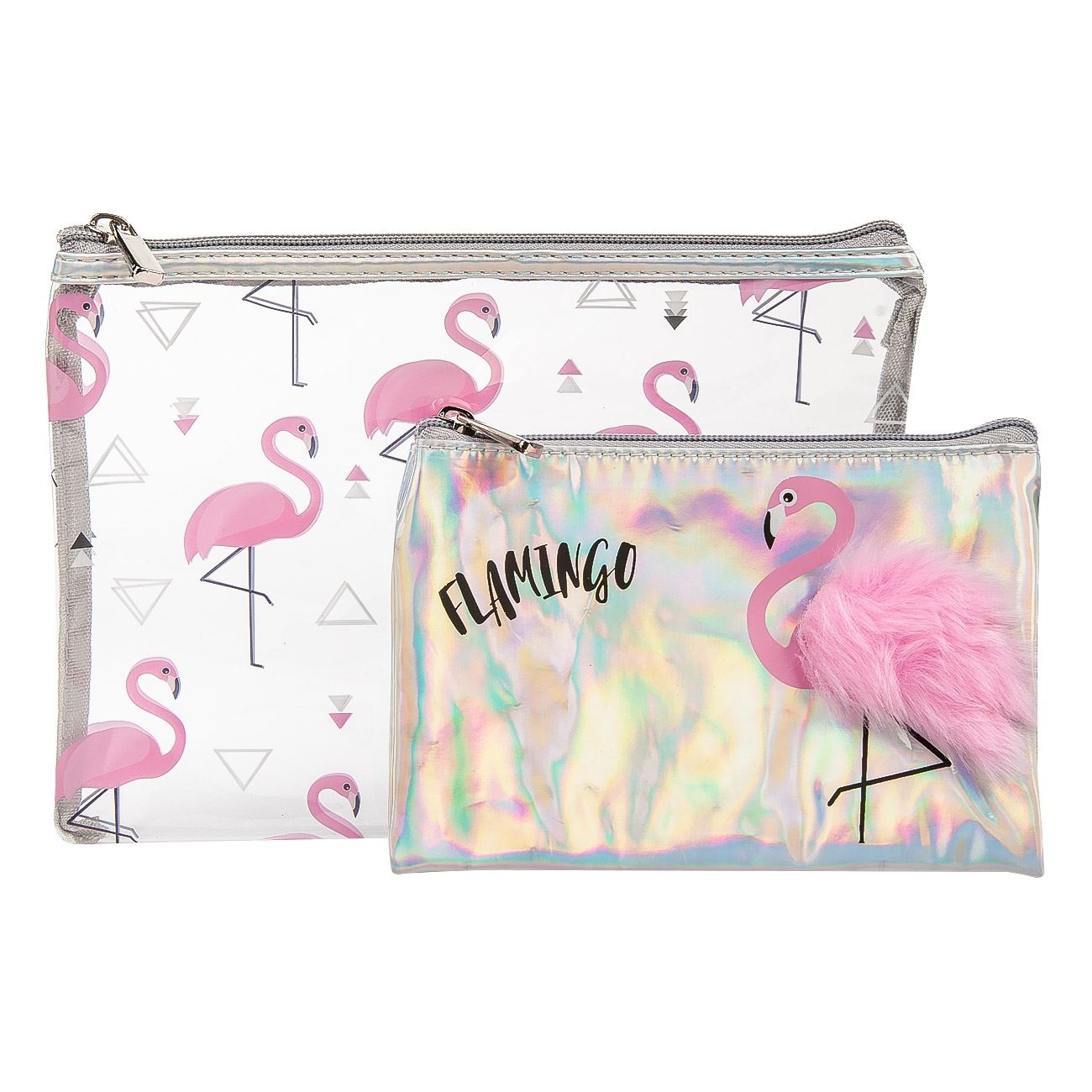 Set 2 bucati, portfard cosmetice, Zola®, metalizat si transparent, flamingo