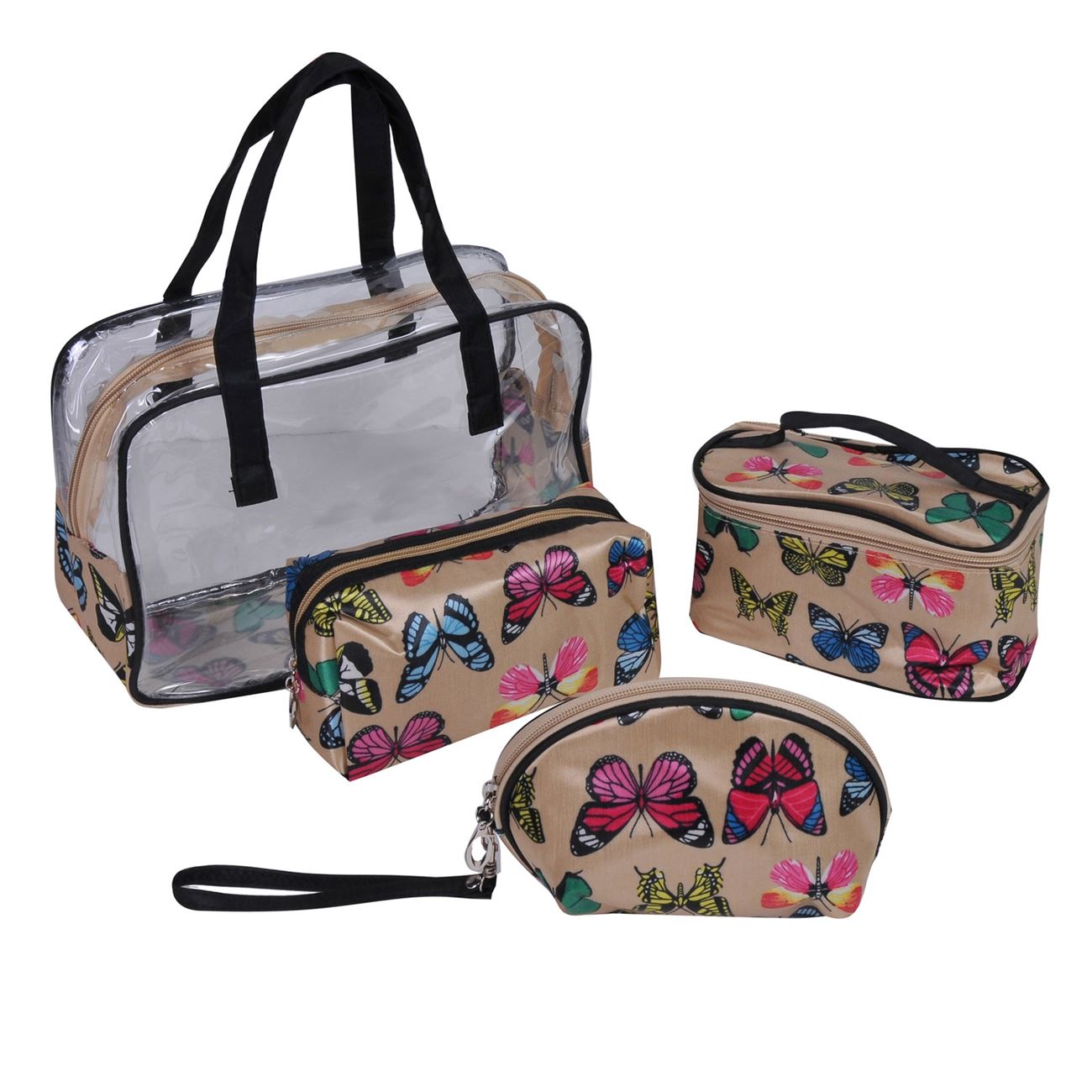 Set 4 bucati, portfard pentru cosmetice, Zola®, model crem cu fluture