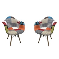 Set 2 scaune dining tip fotoliu LOTUS, textil patchwork multicolor, picioare lemn+metal
