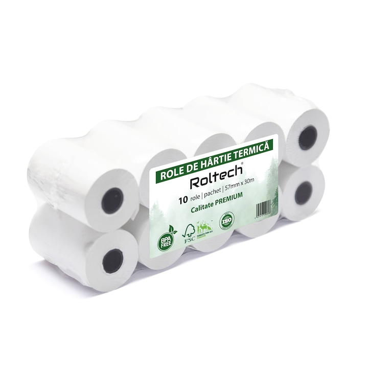 Role hartie termica ROLTECH, 57mm x 30m, non-BPA, 10 role/pachet