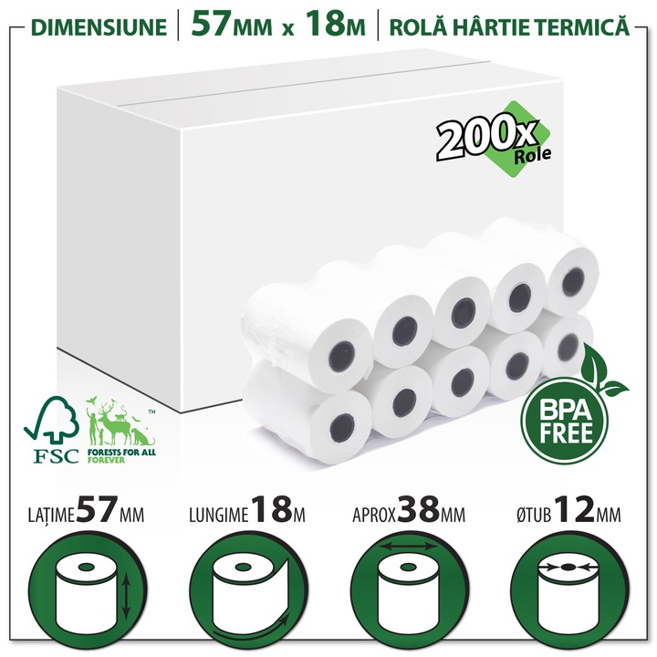 Role hartie termica ROLTECH, 57mm x 18m, non-BPA, 200 role/cutie