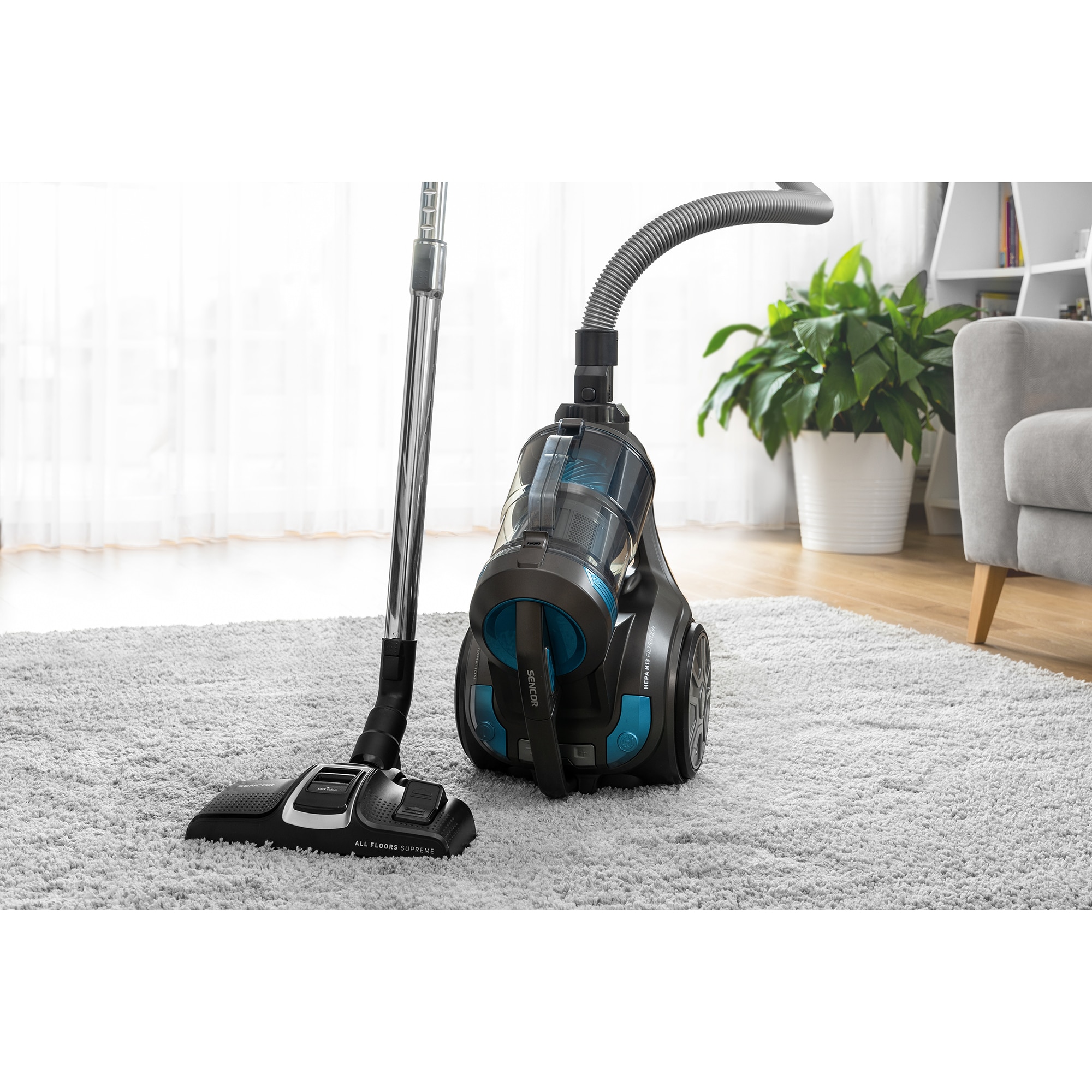 Aspirator SVC 1086TQ EcoPower, Sencor, Fara sac de praf, 700 W, recipient praf de 3.5 litri, Albastru/Negru