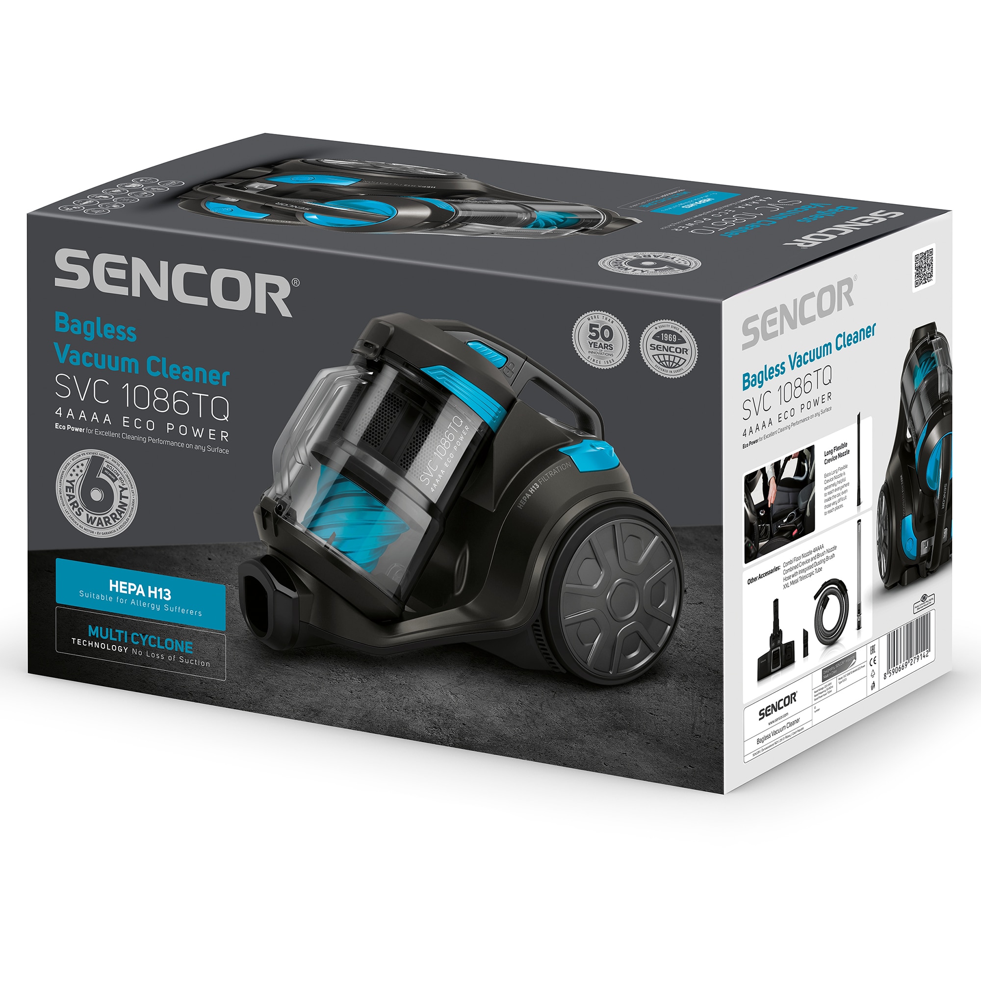Aspirator SVC 1086TQ EcoPower, Sencor, Fara sac de praf, 700 W, recipient praf de 3.5 litri, Albastru/Negru