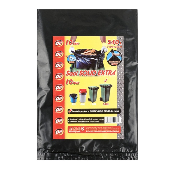 Допълнителни домакински торби OTI Solid Extra, Капацитет 240 л, 110x125 см, 10 бр./компл., Черен цвят, Голяма торба за боклук