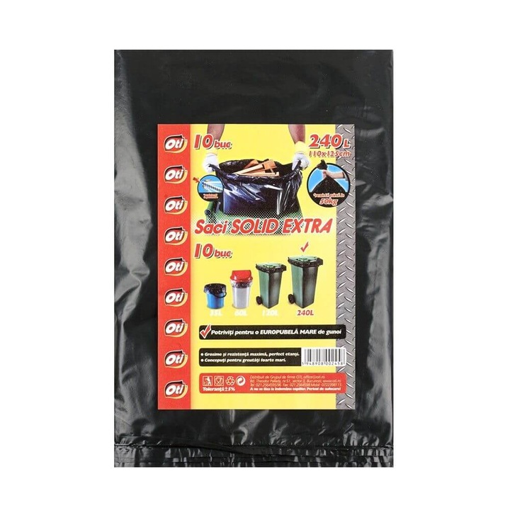 Допълнителни домакински торби OTI Solid Extra, Капацитет 240 л, 110x125 см, 10 бр./компл., Черен цвят, Голяма торба за боклук