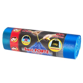 Saci Menajer cu Snur OTI FORTE, Capacitate 60L, 60x70 cm, 12 Buc/Rola, Culoare Albastra, Sac Menajer de Gunoi cu Snururi Saci Menajer cu Snur OTI FORTE, Capacitate 60L, 60x70 cm, 12 Buc/Rola, Culoare Albastra, Sac Menajer de Gunoi cu Snururi
