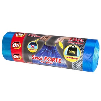 Saci Menajer cu Snur OTI FORTE, Capacitate 120L, 70x100 cm, 10 Buc/Rola, Culoare Albastra, Sac Menajer de Gunoi cu Snururi Saci Menajer cu Snur OTI FORTE, Capacitate 120L, 70x100 cm, 10 Buc/Rola, Culoare Albastra, Sac Menajer de Gunoi cu Snururi