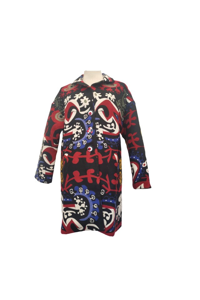 Palton dama, cu amestec din lana, multicolor, imprimeu abstract, marime 40 EU