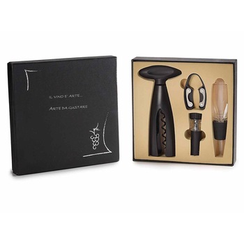 Kit somelier varianta mini, Art from Italy, set format din 4 accesorii premium, tirbuson, dop de picurare aerator, cutter sigiliu, dop vacuum, in cutie cadou cu mesaj Kit somelier varianta mini, Art from Italy, set format din 4 accesorii premium, tirbuson, dop de picurare aerator, cutter sigiliu, dop vacuum, in cutie cadou cu mesaj