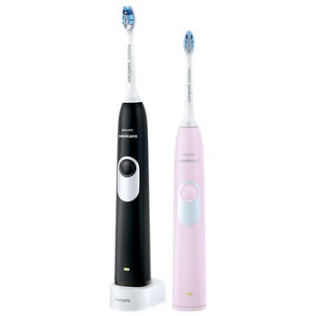 Set de 2 periute electrice sonice Philips Sonicare HX6232/41, 62000 miscari/minut, 1 mod de curatare, SmarTimer, Quadpacer, 2 capete de periere, Negru/Roz pastel Set de 2 periute electrice sonice Philips Sonicare HX6232/41, 62000 miscari/minut, 1 mod de curatare, SmarTimer, Quadpacer, 2 capete de periere, Negru/Roz pastel