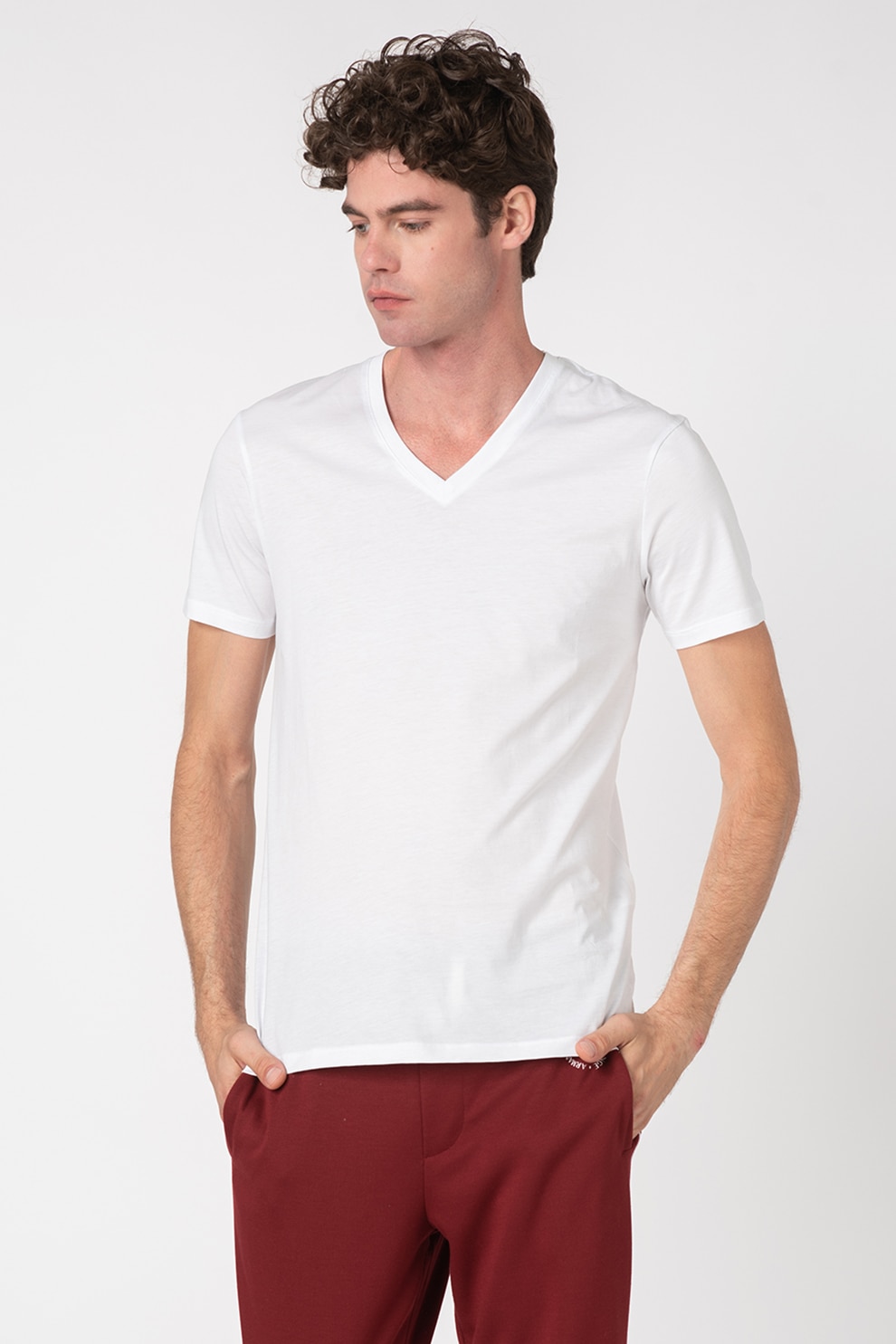 ARMANI EXCHANGE, Tricou slim fit cu decolteu in V, Alb, XL