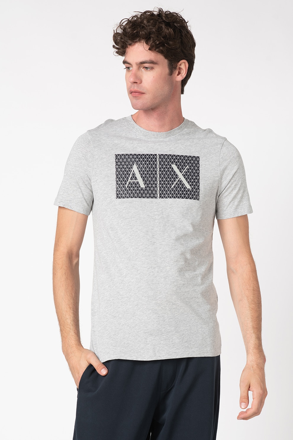 ARMANI EXCHANGE, Tricou slim fit de bumbac cu imprimeu logo, Negru, Gri melange, 2XL
