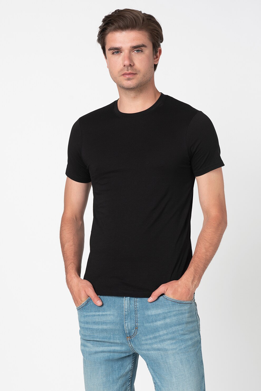 ARMANI EXCHANGE, Tricou slim fit cu decolteu la baza gatului, Negru, S