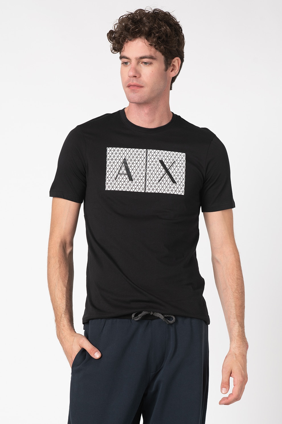 ARMANI EXCHANGE, Tricou de bumbac cu logo, Negru/Alb
