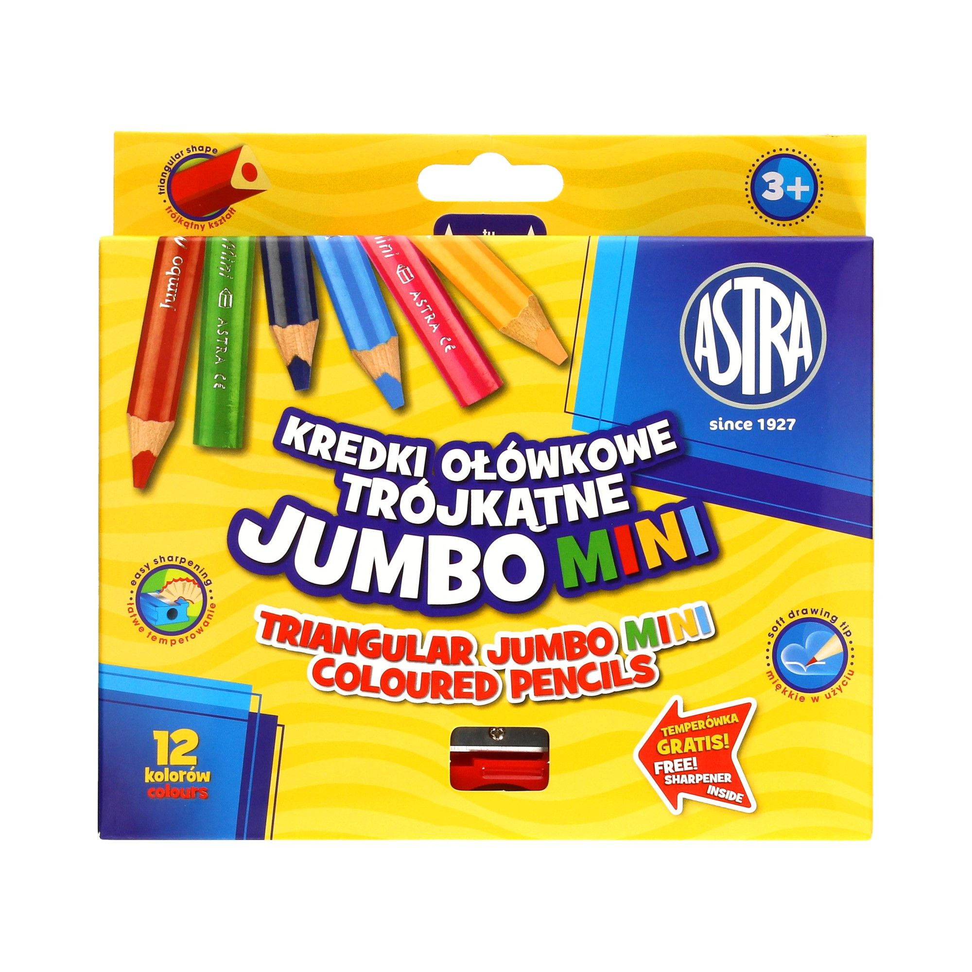 Creioane Jumbo Astra triunghiulare + ascutitor 12 culori