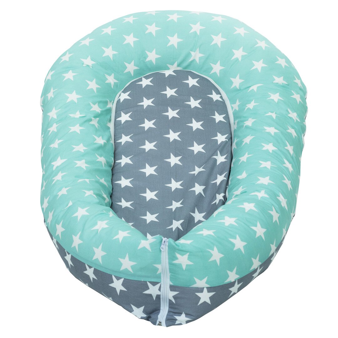 Perna multifuntionala Baby Nest 3 in 1 cu husa bumbac , 110x70x15 cm - Gri/Turkuaz
