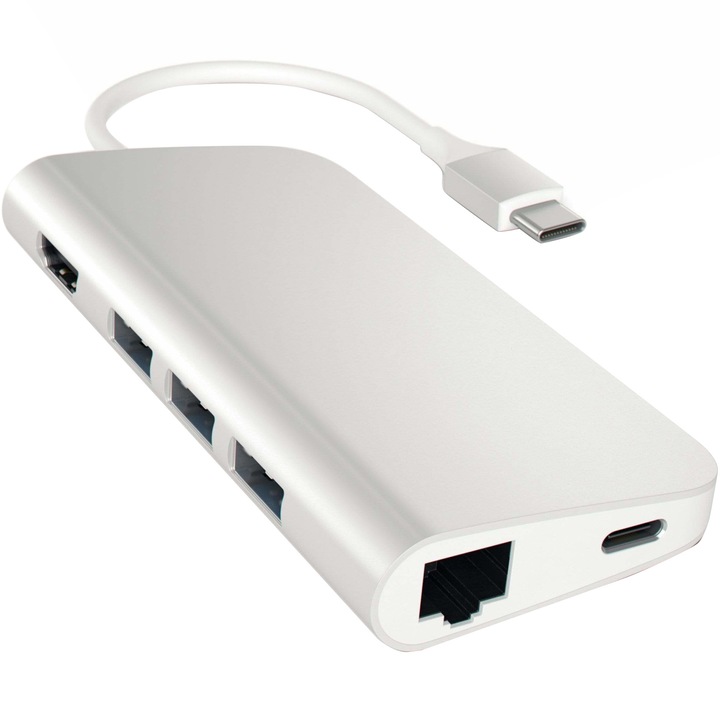 Адаптер USB-C Satechi, Алуминиев, HDMI 4K, 3x USB 3.0, MicroSD, Ethernet, Сребрист