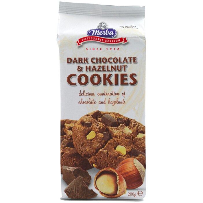 Biscuiti cu ciocolata neagra si alune Merba, 200g