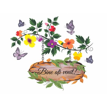 Sticker perete cu mesaj Bine ati venit!, Folina, cu motive florale, multicolor Sticker perete cu mesaj Bine ati venit!, Folina, cu motive florale, multicolor