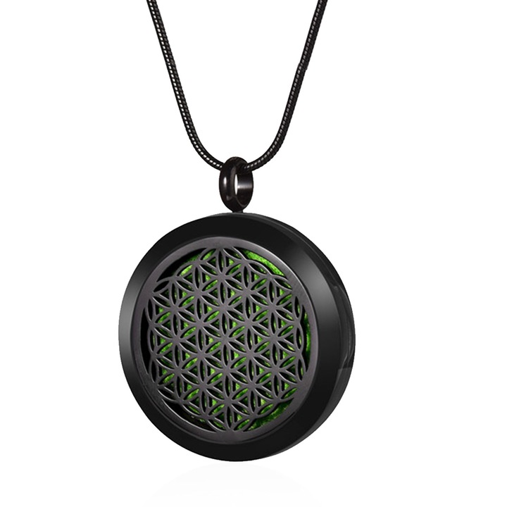 Aromaterápiás nyaklánc, zioda smart essentials®, diffúzor típus illóolajokhoz, parfümökhöz vagy más aromákhoz, Élet virága, kerek, fekete