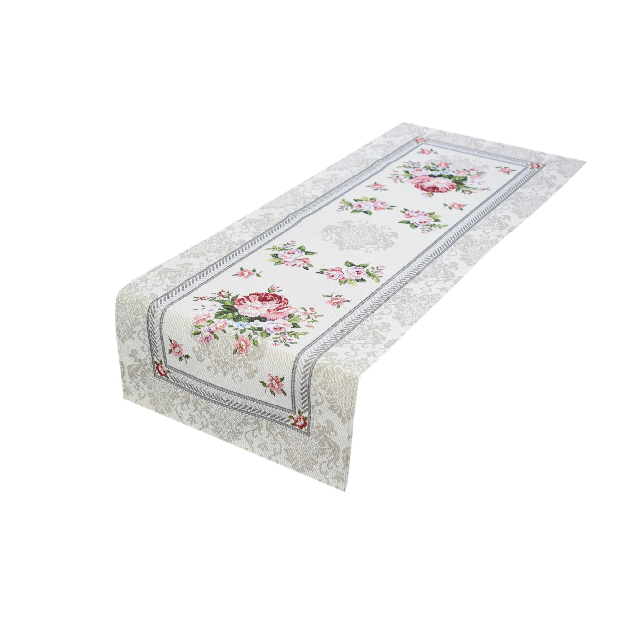 Traversa tesatura tip goblen, Casa de bumbac, 40x100 cm, trandafiri si argintiu